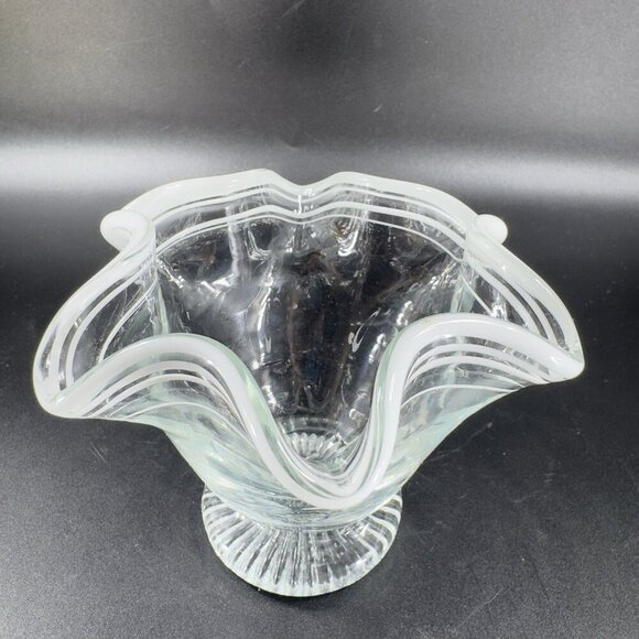 Vintage Glass Dish Bowl Clear White Ruffles Scroll Footed Base Candy Dish VTG - Picture 11 of 12